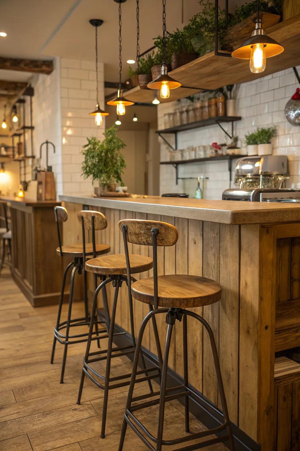 Rustic bar stools adding warmth to the kitchen setting.