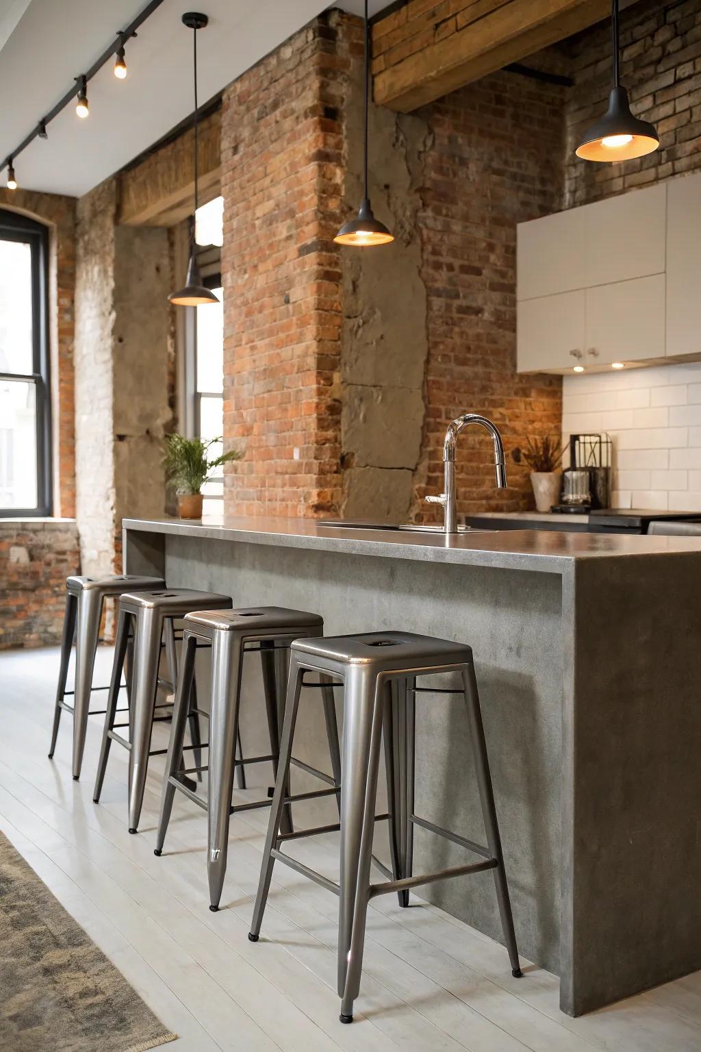 Industrial metal stools featured in a loft-style kitchen.