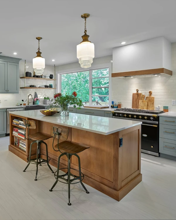 Art Deco Kitchen with Warm Wood Island