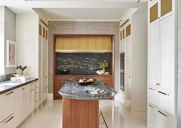 Art Deco Kitchen with Marble Island and Wood Accents