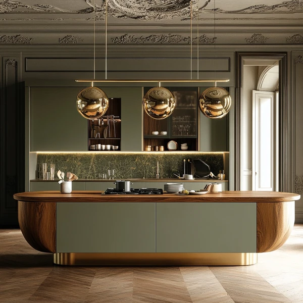Curved Island Glamour Meets Modern Minimalism