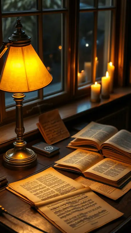 A writing desk bathed in golden light from a brass lamp, with lit candles on the windowsill, casting a warm, flickering glow over open books and aged paper