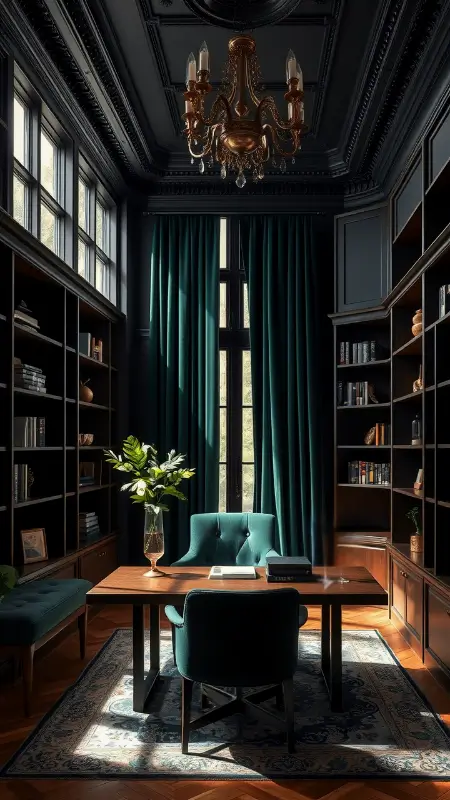 A moody office bathed in natural light, with ink-black walls, walnut shelves, forest green curtains, and gold-accented décor