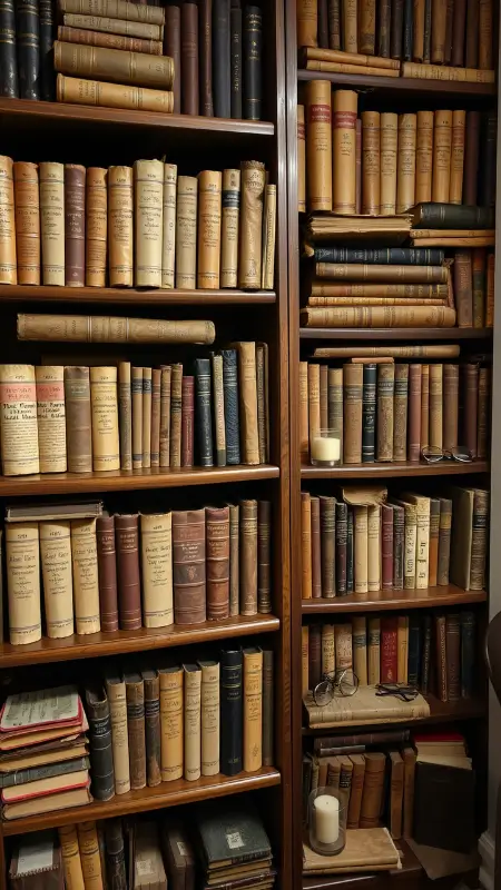 A tall wooden bookshelf overflowing with old novels, faded spines, handwritten journals, and scattered curios like keys, glasses, and candleholders