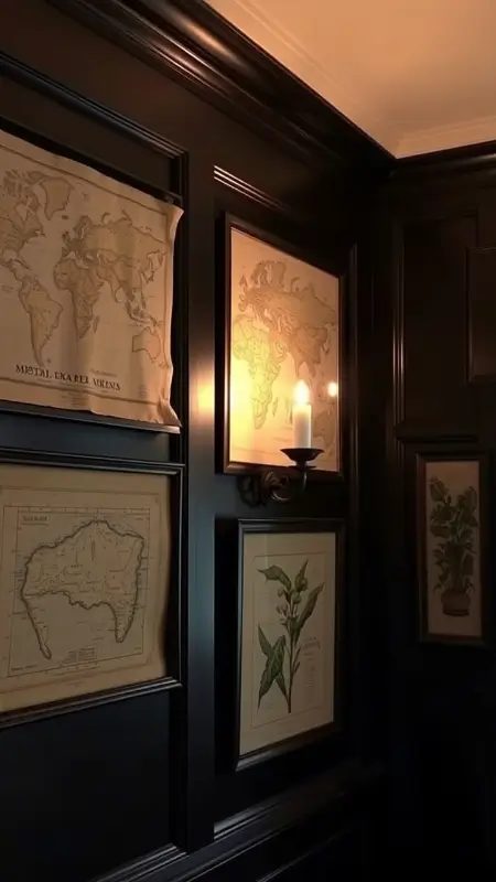 A dark-paneled wall featuring an arrangement of aged maps, classical portraits in oval frames, and delicate botanical prints, softly lit by a candlelit sconce