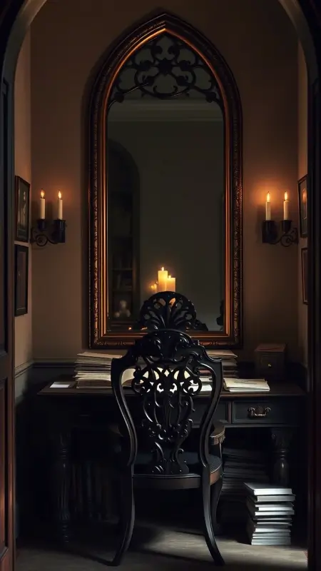 A cozy office corner featuring a tall arched mirror with an aged bronze frame, gothic candle sconces on either side, and an intricately carved wooden chair tucked under a shadowy desk