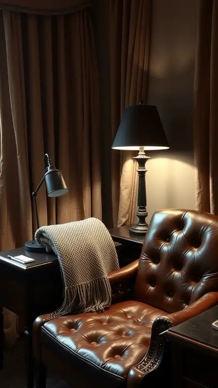 A corner office vignette featuring a cracked leather chair, a wool tweed blanket draped over the back, a dark wood side table, and aged curtains catching soft light from an iron lamp