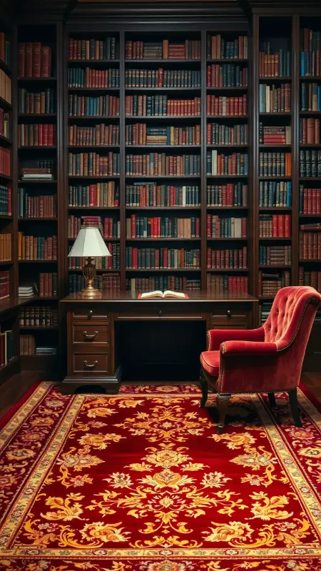 A richly patterned Persian rug in burgundy and gold beneath a dark wooden desk, surrounded by towering bookshelves and a velvet reading chair nearby