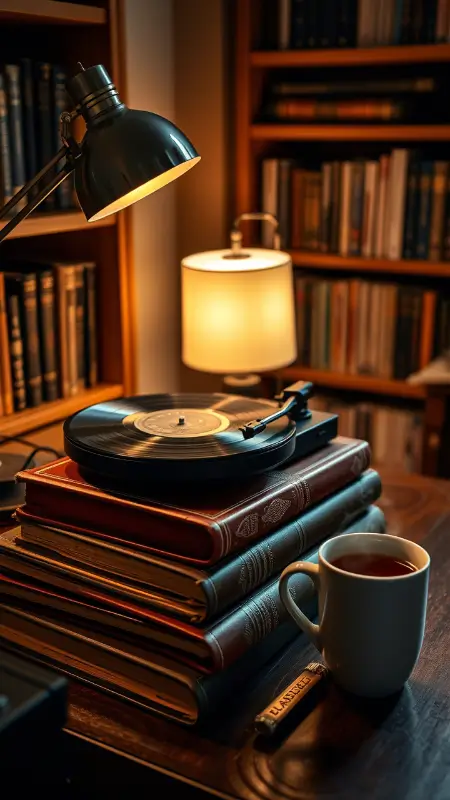 A corner of an office with a vintage record player atop a stack of leather-bound books, a soft-glowing desk lamp nearby, and a classical vinyl spinning quietly beside a steaming mug of tea