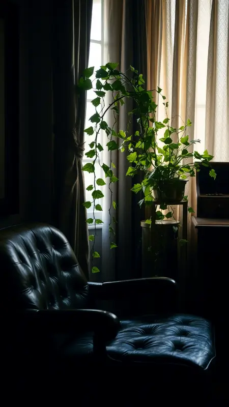 A shadowy corner with a worn leather chair, a wooden desk, and trailing English ivy spilling from a brass planter, gently catching the afternoon light through heavy drapes