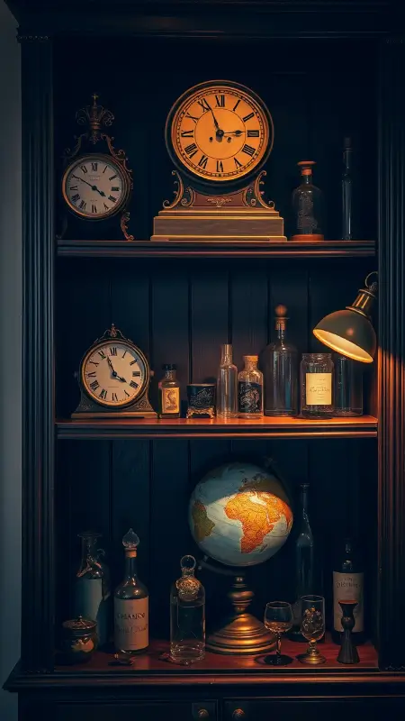 A dark wood shelf holding an antique brass clock, a faded world globe, and a collection of mysterious glass bottles and trinkets, softly lit by a warm desk lamp