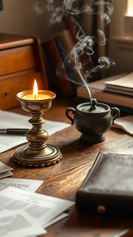 A softly glowing candle in an aged brass holder next to a ceramic incense burner emitting a thin curl of smoke, resting on a wooden desk surrounded by scattered papers and a leather-bound journal
