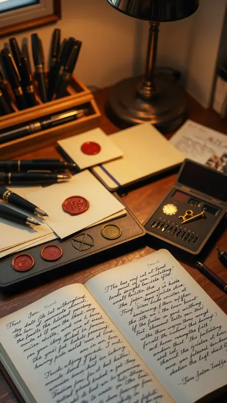 A desk scattered with fountain pens, a wax seal kit, cream-colored stationery, and an open journal filled with flowing handwritten script, lit by the warm glow of a nearby lamp