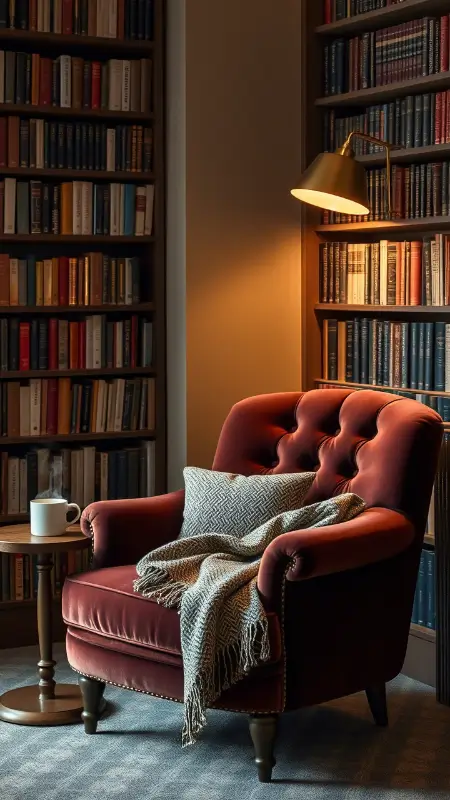 A velvet armchair nestled beside a tall bookshelf, draped with a soft tweed blanket, bathed in the glow of a brass floor lamp, and a steaming cup of tea resting on a small wooden side table