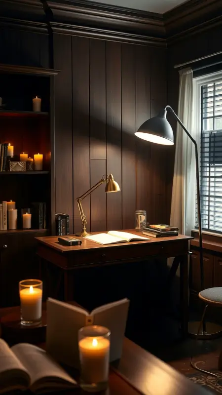 A study desk illuminated by a brass task lamp, surrounded by glowing candles on shelves, with soft ambient lighting from a floor lamp casting gentle shadows on dark wood walls