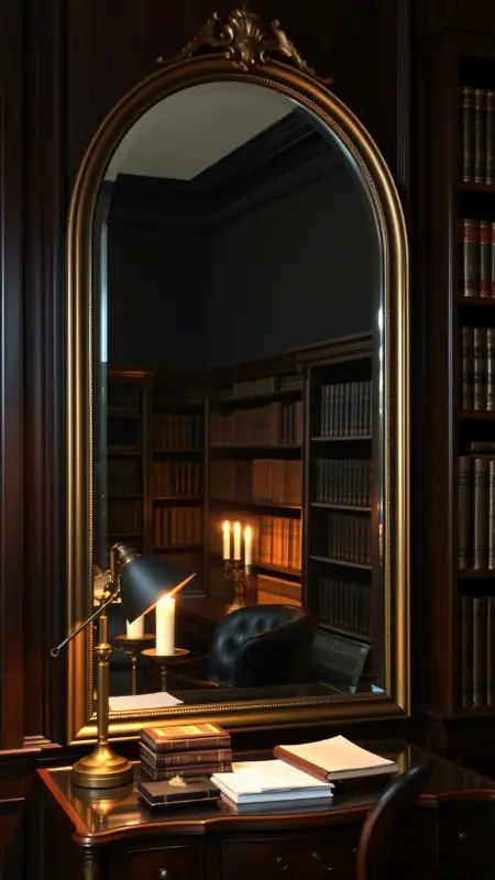 An arched mirror with an antique bronze frame reflecting the soft light of a nearby candlelit desk, surrounded by dark wood paneling and vintage bookshelves