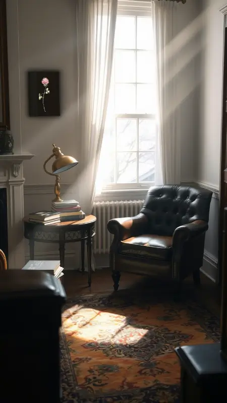 A quiet corner with a tufted leather chair, a small side table stacked with books, a brass reading lamp, and a faded Persian rug beneath, bathed in soft afternoon light