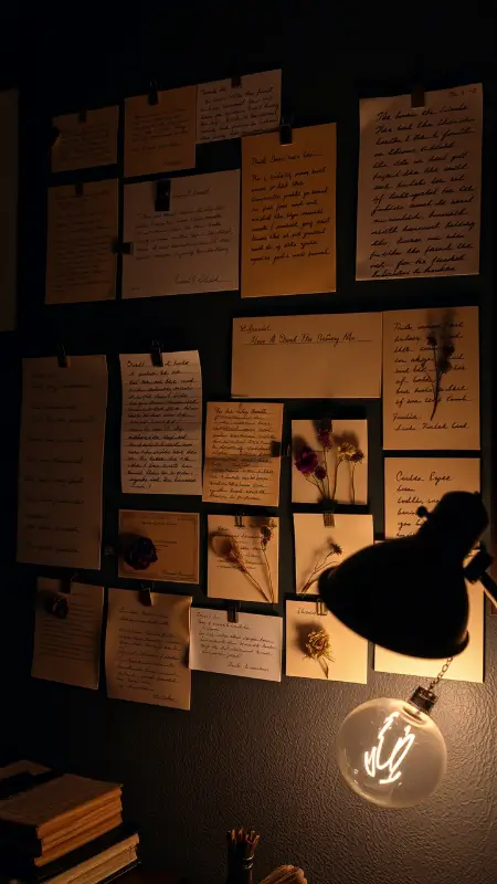 A wall covered in sepia-toned postcards, handwritten notes pinned with brass clips, old stamps, and black-and-white photographs, softly lit by a nearby desk lamp