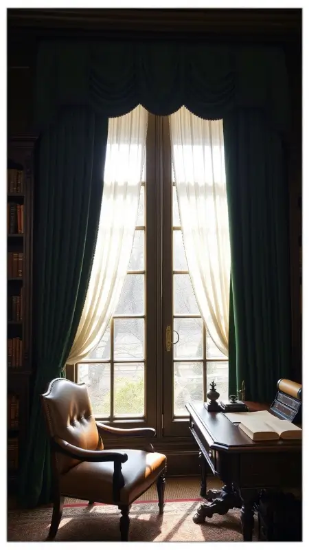 A tall window dressed in heavy forest green velvet drapes partially pulled back to reveal sheer cream curtains, sunlight filtering softly into a dark wood-paneled study