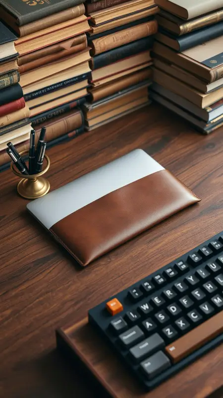 A walnut desk featuring a slim laptop in a leather sleeve, a vintage brass desk organizer holding pens, and a retro mechanical keyboard framed by stacks of old books