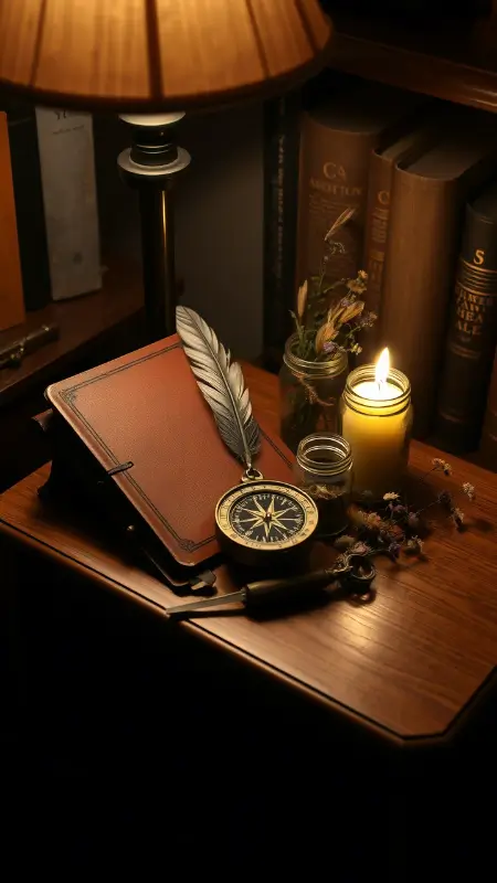 A dark wooden shelf adorned with a stack of leather-bound books, a flickering candle, a worn journal, and a delicate crystal cluster, softly illuminated by ambient light