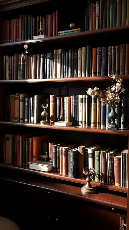 A dark wood bookshelf arranged with books sorted by spine color, interspersed with antique curios like brass figurines and dried flowers, bathed in soft lamplight