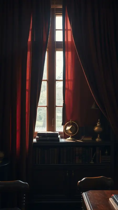 A cozy study with soft natural light filtering through heavy curtains, a person gently dusting a shelf lined with leather-bound books and brass objects, surrounded by muted, warm tones