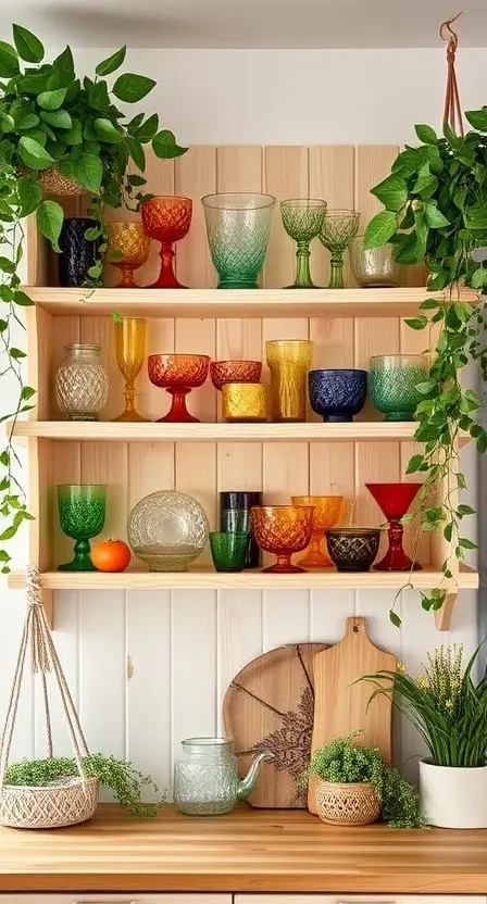 Light wooden shelves adorned with colorful vintage glassware, surrounded by greenery and bohemian kitchen accents like macrame holders and fairy lights.
