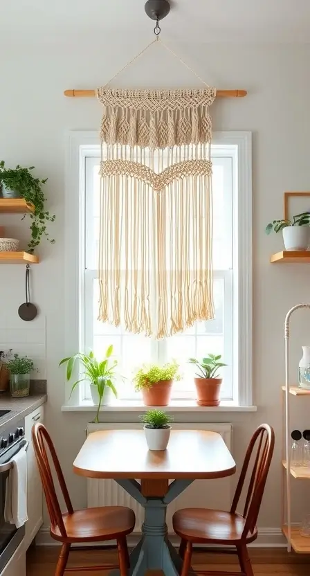 A modern boho kitchen with a macrame wall hanging above a small dining area, complemented by a wooden table, vintage chairs, and potted plants on the windowsill.