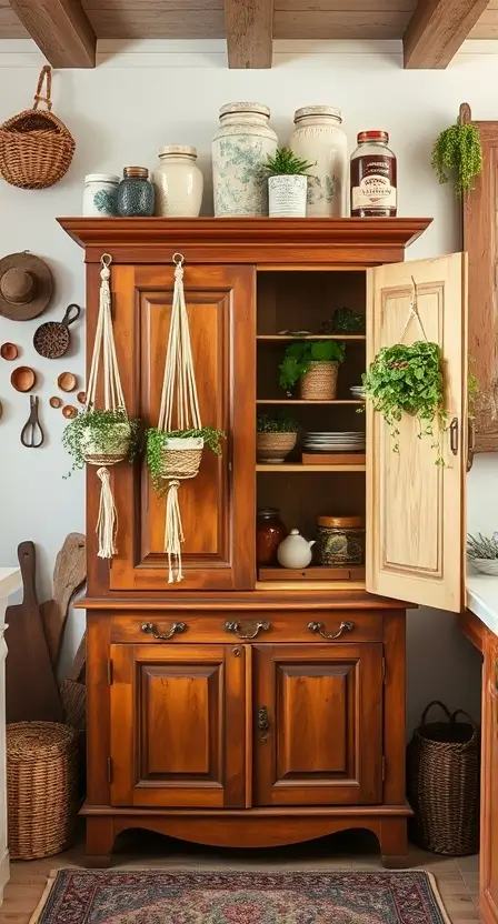 A boho kitchen with an antique armoire converted into a pantry, adorned with macrame plant hangers and vintage ceramic jars on top.