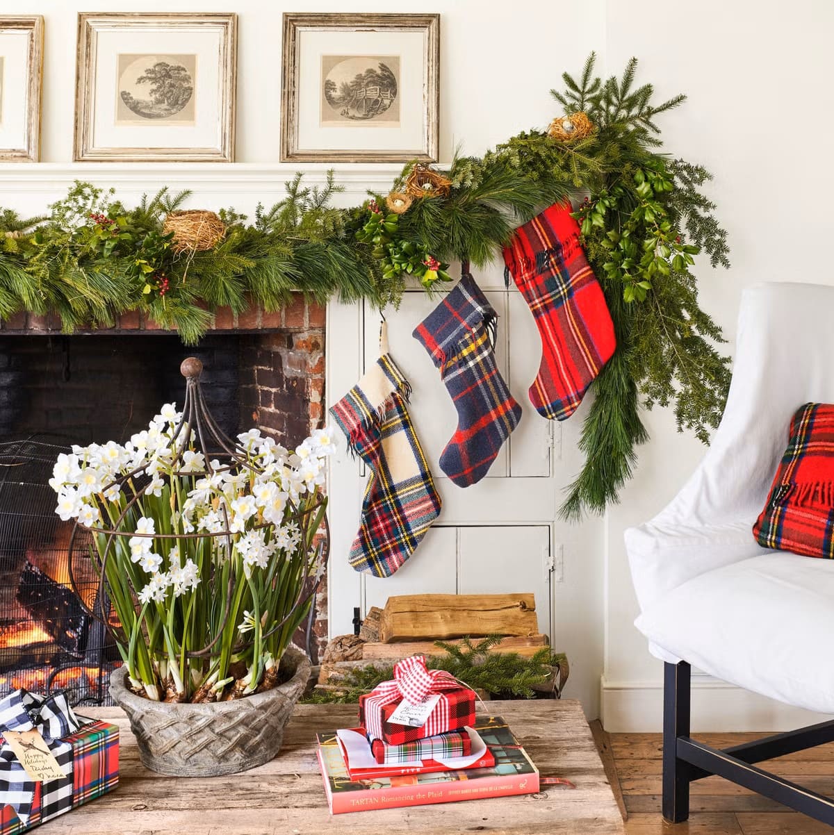Plaid and Greenery Mantel Decor