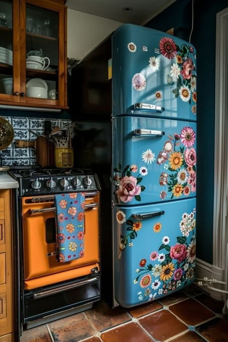 Vintage Floral Blue Fridge Wrap