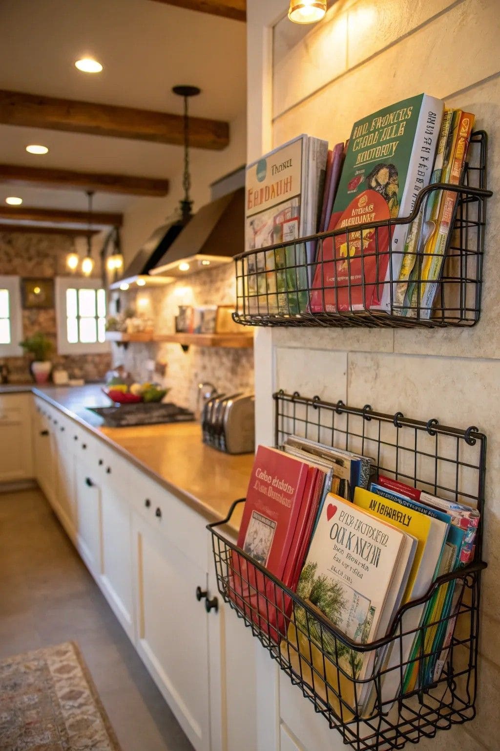 Cookbooks in Wall Wire Baskets