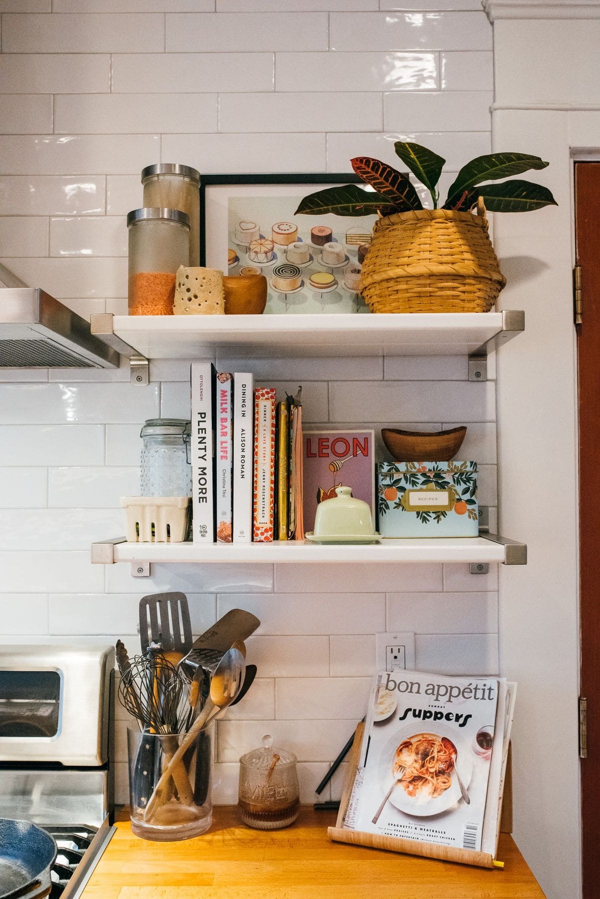 Cookbooks on Open Kitchen Shelves