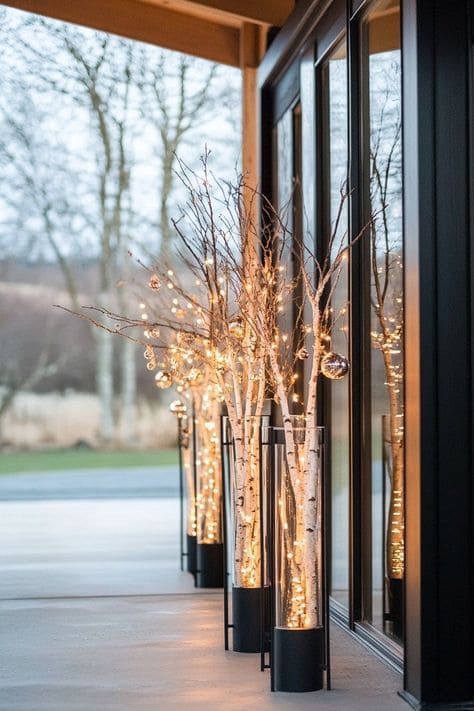 Birch Tree Planters with Twinkle Lights
