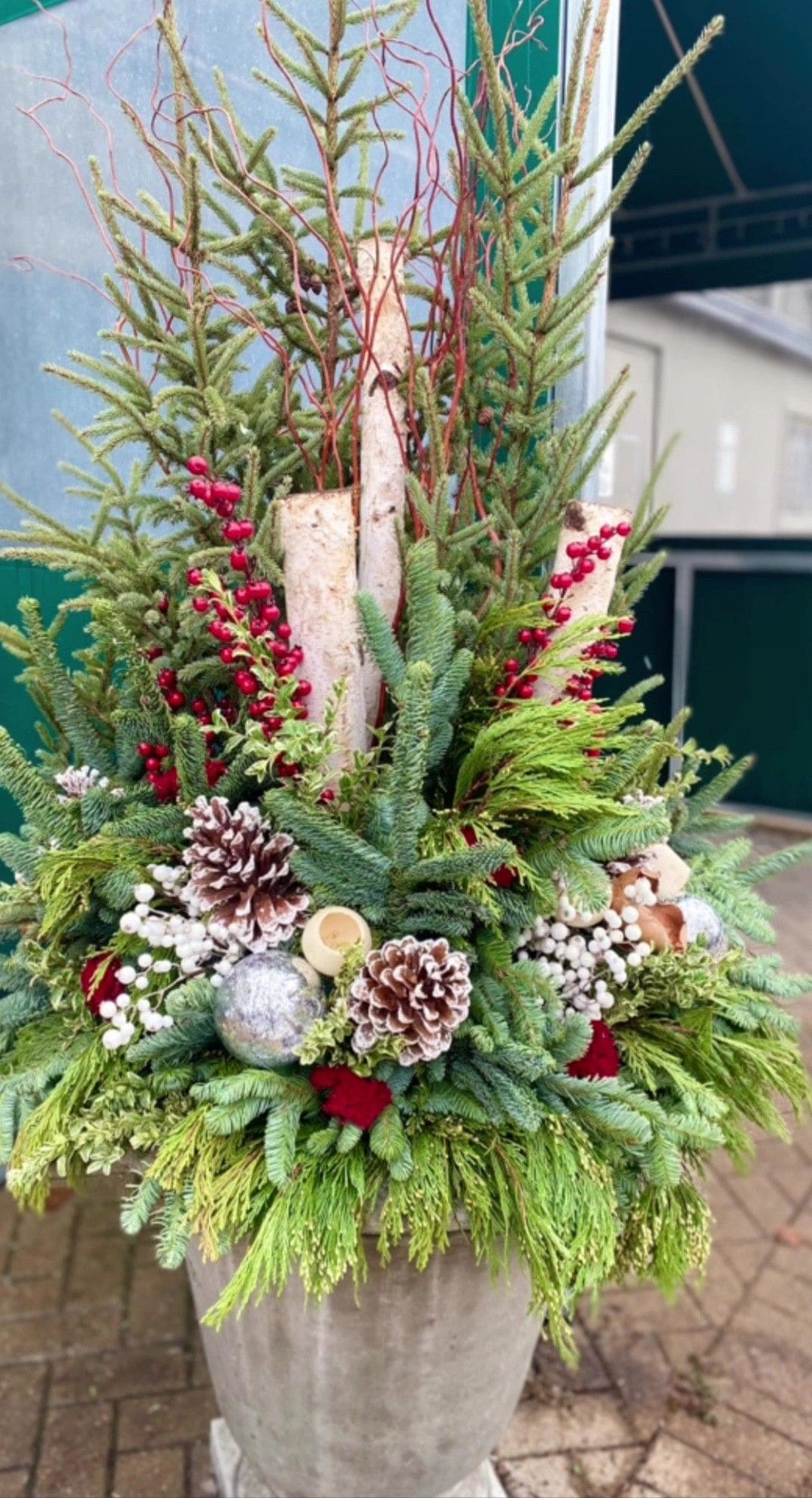 Rustic Birch and Evergreen Christmas Planter