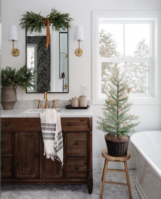 Rustic Christmas Greenery Bathroom