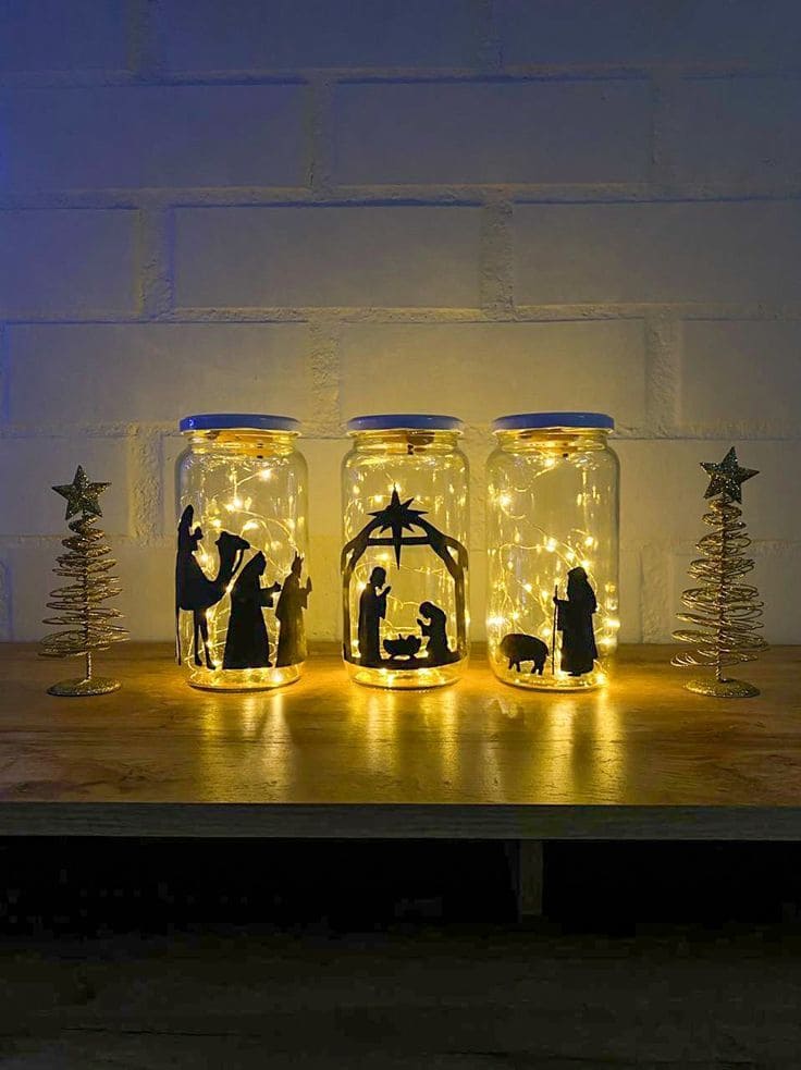 Illuminated Nativity Scenes Encased in Glass Jars