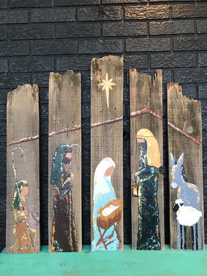 Rustic Hand-Painted Nativity on Distressed Wood Panels