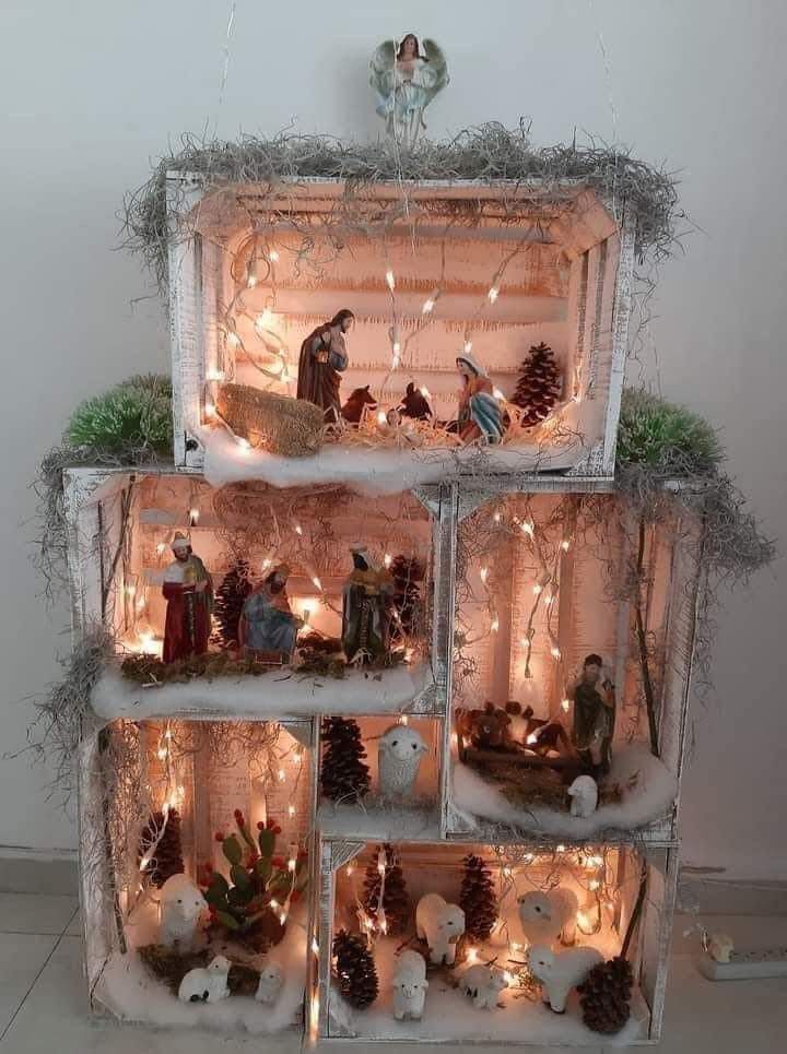 Multi-Level Crate Nativity Village with Winter Accents