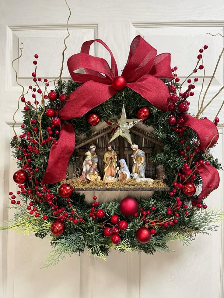 Festive Nativity Wreath with Striking Red Highlights