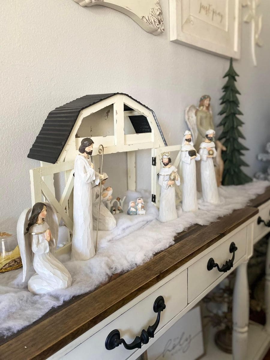 Whitewashed Nativity Scene Set on Faux Snow