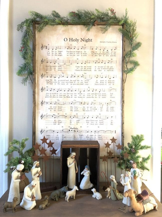 O Holy Night Nativity with Vintage Sheet Music Backdrop