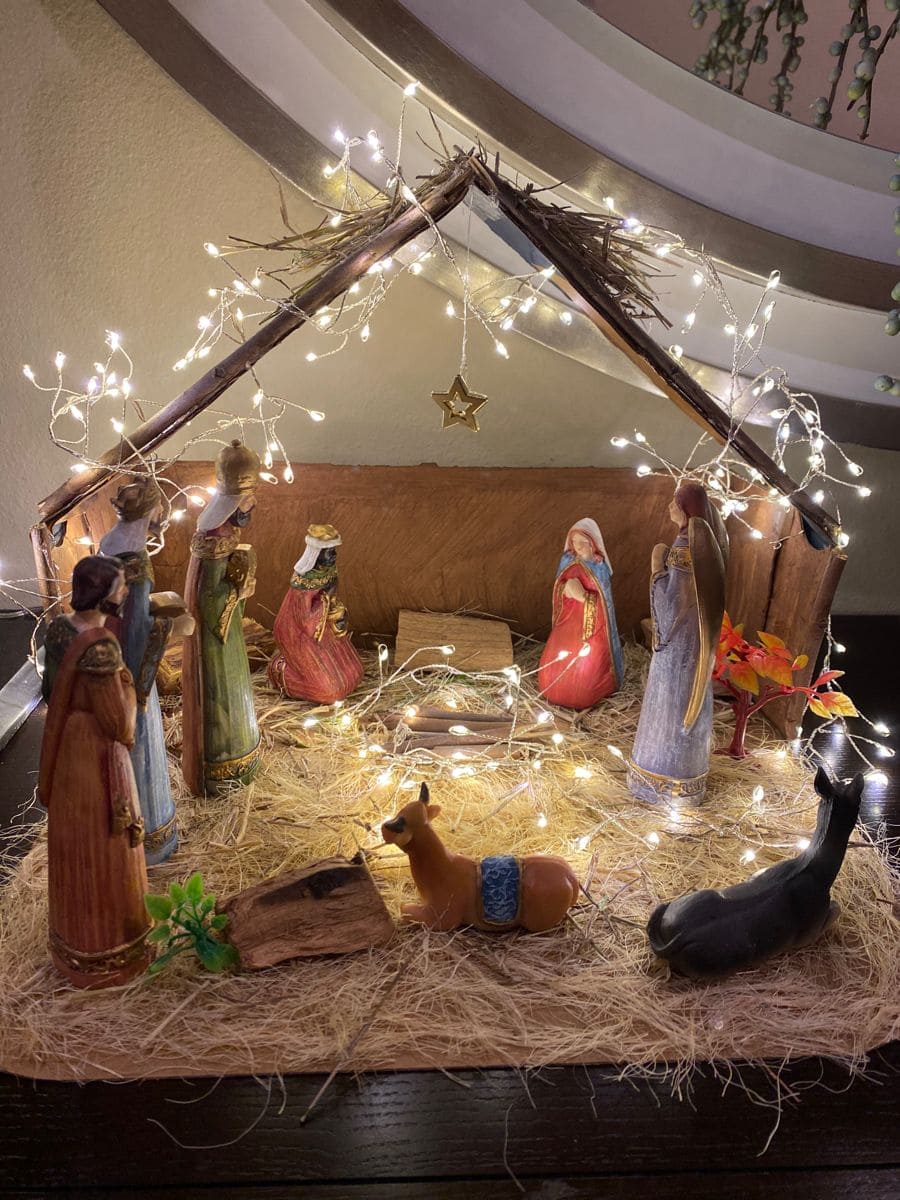 Rustic Nativity Display with Straw and Fairy Lights