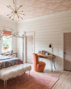 Blush pink bird-themed ceiling wallpaper