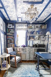 French blue toile ceiling wallpaper