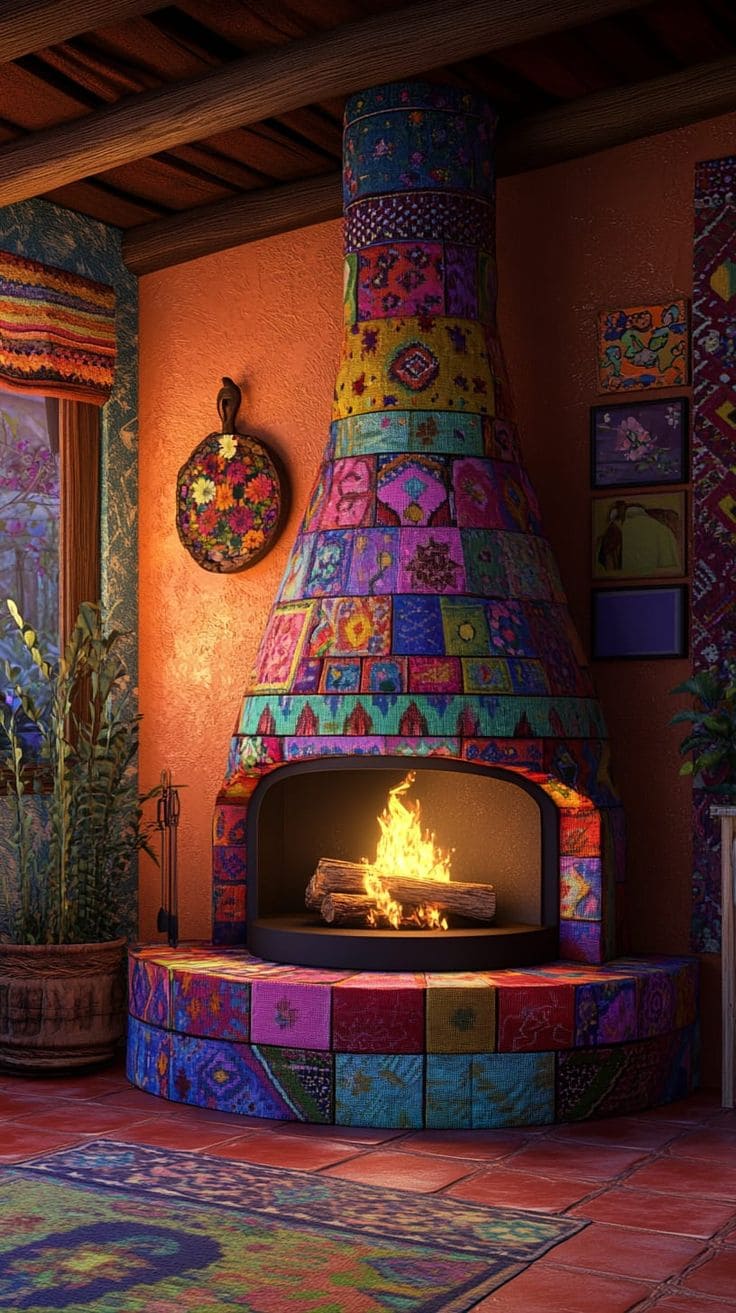 Patchwork-Tiled Fireplace with Boho Warmth