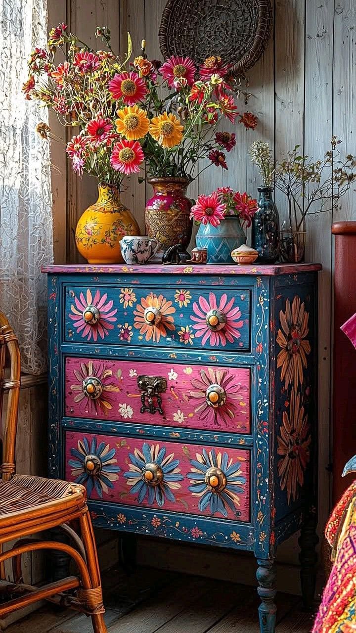 Whimsical Daisies Hand-Painted Floral Dresser