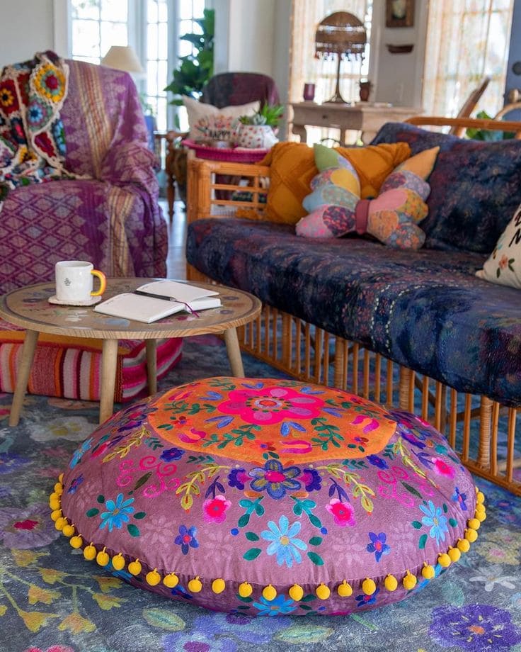 Vibrant Floral Floor Pouf With Tassels