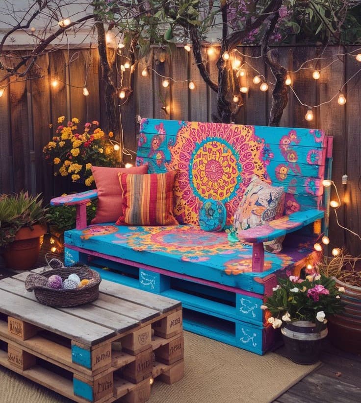 Vivid Mandala Pallet Bench with Lights